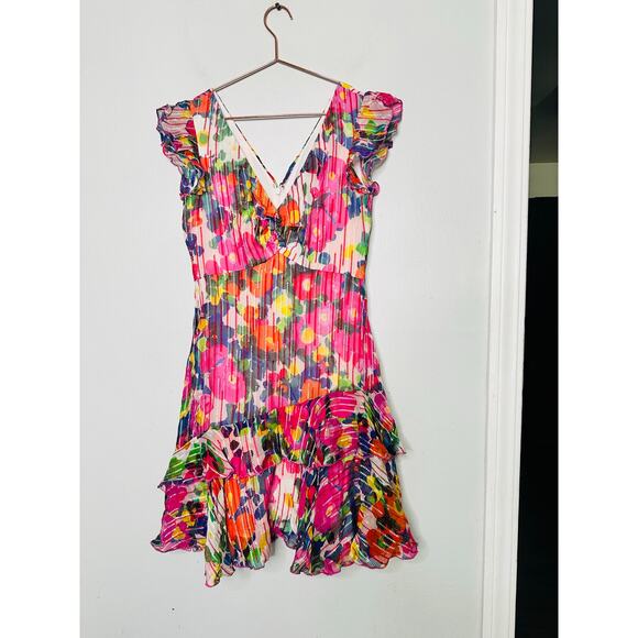 SALONI Pink Printed Silk Flutter Sleeves V-Neckline Ruffled Skirt Catia Dress 4 - Picture 3 of 15